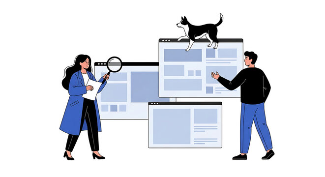 Two people working on laptop with cat and dog