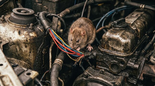 Rat chews through colorful car wiring harness in dirty engine bay, causing damage