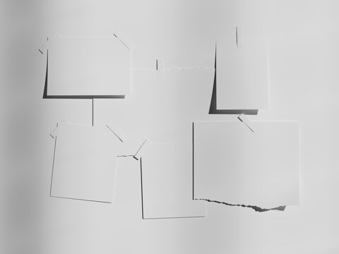 3D Render Taped Photo Collage Mockup. Blank Photo Frame Moodboard Collage Mockup with Adhesive Tape 3D Render