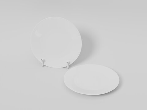 3D Render Blank Ceramic Plate Mockup. Blank Ceramic Dish Plate Mockup with Display Stand 3D Rendering