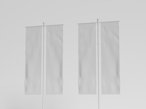 3D Render Vertical Pole Flag Mockup. Blank Vertical Outdoor Advertising Flag Banner Mockup 3D Render 