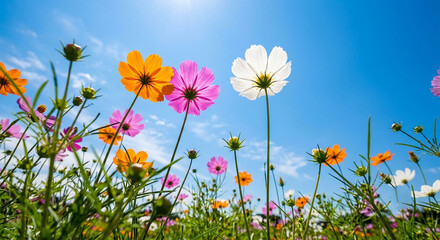 Vibrant multicolored cosmos flowers blooming under bright clear blue summer sky low angle view with reaching towards brilliant sky sunny day © Sanoor