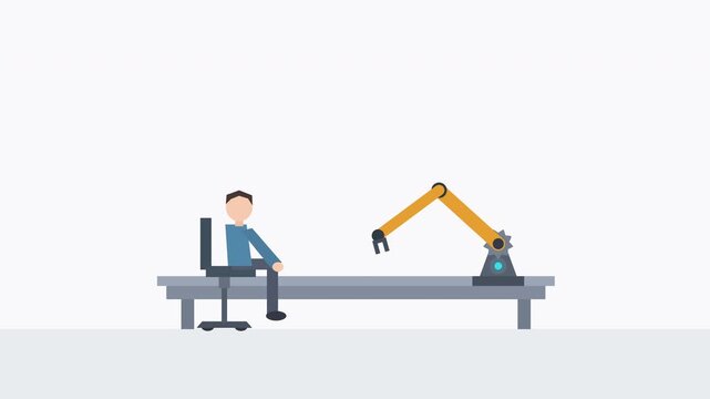 Robot arm replaces office worker, automation in flat design animation