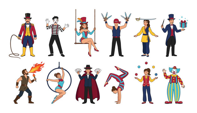 Circus performers collection with ringmaster mime trapeze artist magician fire breather clown juggler and acrobats cartoon vector illustration isolated
