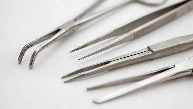 Set of stainless steel surgical medical tweezers and forceps instruments