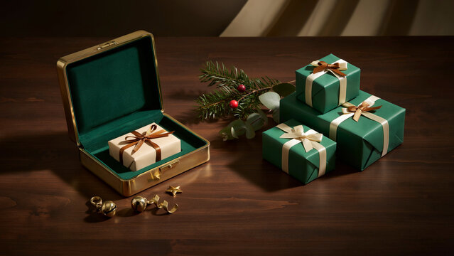 Premium 3D Boxing Day ad visual with forest green, cream, and brass palette