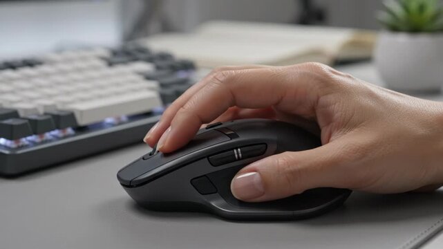Close up Hand operating ergonomic wireless mouse on desk pad in modern workspace