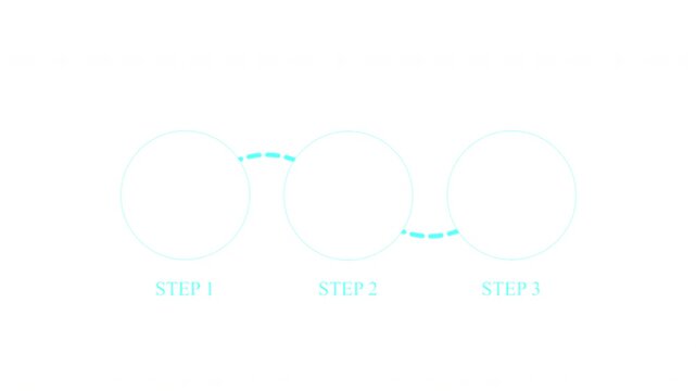 Three step workflow animation circular elements dashed paths clean process timeline