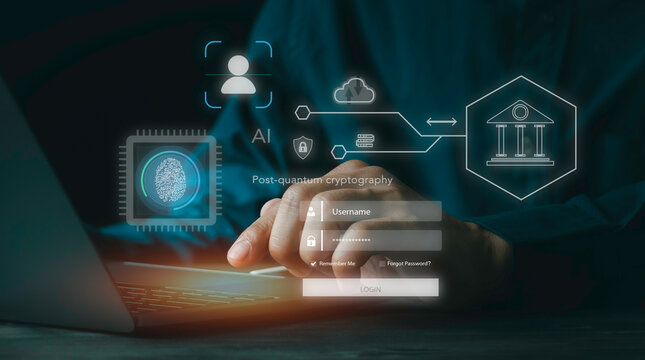 User login laptop with post quantum cryptography interface. Concept of biometric security, AI banking protection, fingerprint scanner chip, and secure cloud authentication network.
