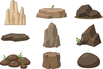 Cartoon rock and stone vector elements collection featuring realistic boulders, mountain cliffs, earth ground assets, and game environment details. © MdEajdani