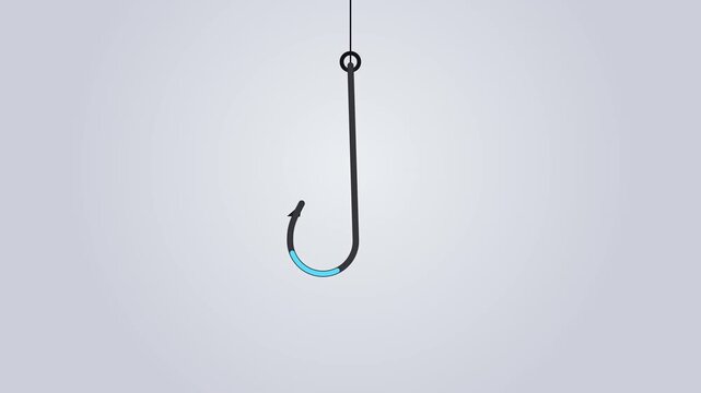 Animated fishing hook silhouette, simple black line art with blue accent on green screen
