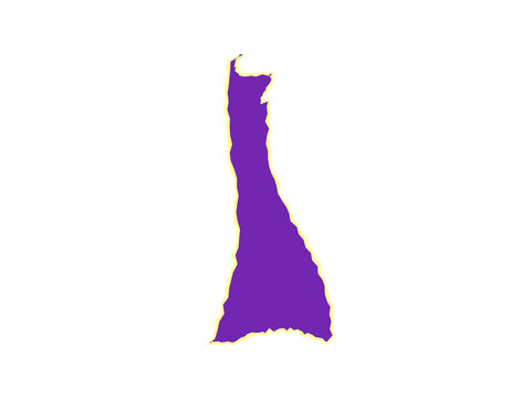 A vertical purple shape with a rough yellow border representing a torn paper