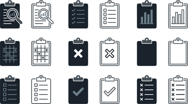 Clipboard checklist and document audit icon set with solid and line business data charts checkmarks and task management report interface elements.