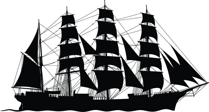 Vintage sailing ship silhouette, antique nautical clipper vessel vector, black tall ship with full sails, maritime transport icon for logo design