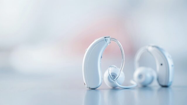 Modern hearing aids on a neutral background for hearing loss therapy