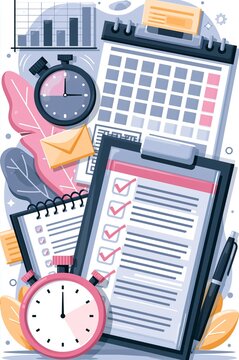 Time management and scheduling concept with calendar, checklist, and task planning for productivity, project management, deadline tracking, and efficient organization of daily activities.