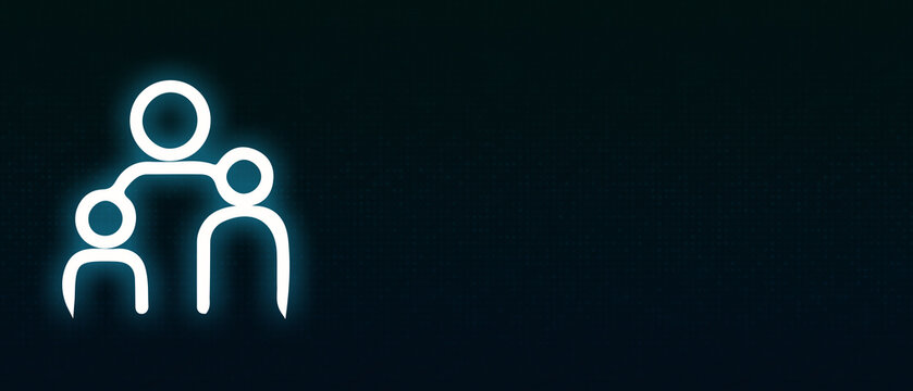 Parental care and family protection glowing neon icon on abstract digital background