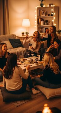 Group of friends having a cozy home gathering with drinks in a warmly lit living room