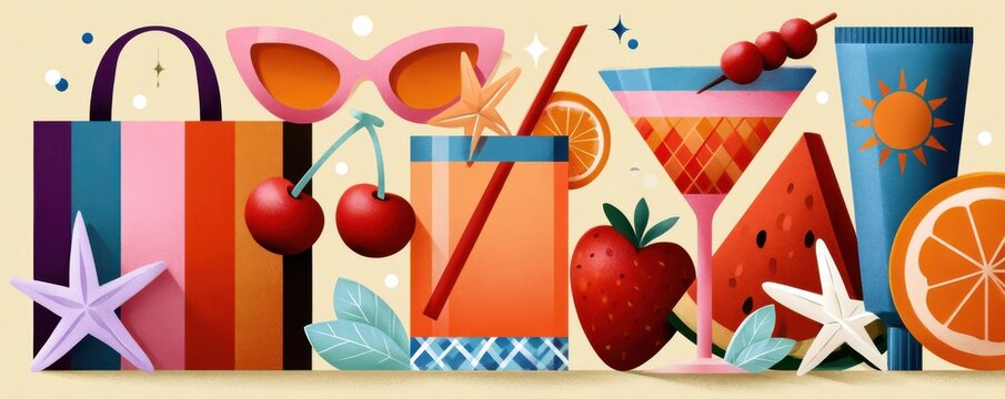 Bright summer still life with cocktails, fruit, sunglasses and beach essentials in playful illustration