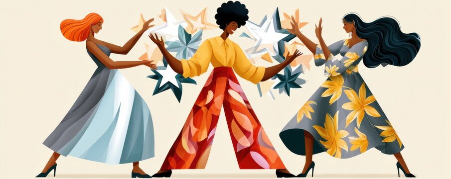 Three stylish women celebrating together with stars and vibrant fashion in a colorful illustration