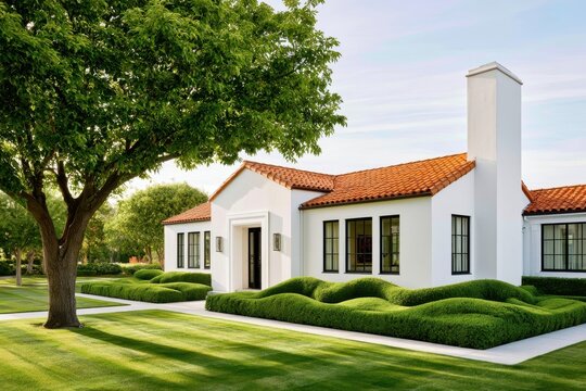 Sunlit white house with red tile roof and manicured garden in a suburban landscape