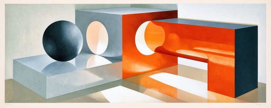 Abstract geometric composition with industrial blocks, sphere and strong orange contrast