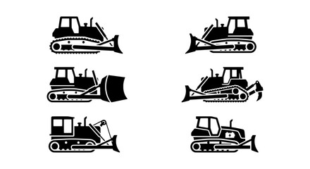 Bulldozer Vector Icons Set, Heavy Construction Equipment Silhouettes, Earthmover Machine Illustrations © Sanjida