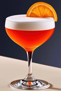 Orange cocktail with creamy foam served in a coupe glass garnished with a fresh orange slice
