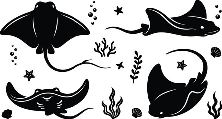 Cute Stingray Silhouette Vector Element Set featuring Manta Rays with Seaweed, Coral Reefs, Starfish, Sea Shells, and Bubbles for Marine Graphic Designs © Yousuf