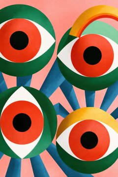 Colorful abstract eye motifs in geometric retro style with bold circles and radial composition