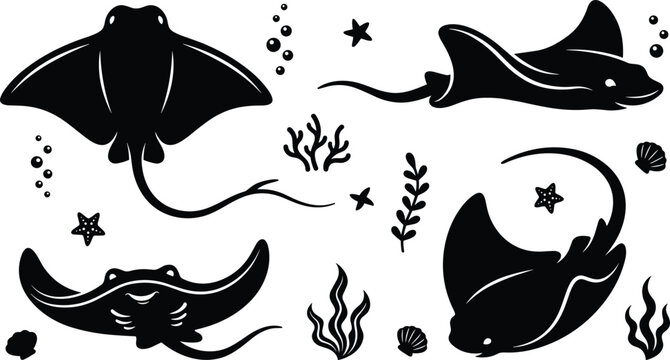 Cute Stingray Silhouette Vector Element Set featuring Manta Rays with Seaweed, Coral Reefs, Starfish, Sea Shells, and Bubbles for Marine Graphic Designs