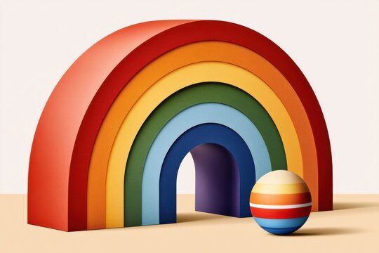 Colorful rainbow arch with striped ball - playful abstract toy and modern minimal decor