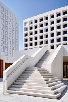 Modern minimal architecture with geometric white stairs and grid facade in sunlight