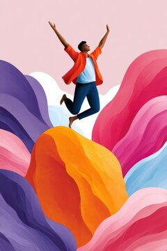 Joyful person leaping in colorful abstract landscape conveying freedom, celebration and positive energy