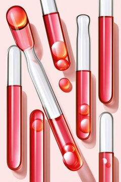 Red liquid test tubes and glass droppers arranged on pink background for cosmetic lab concept