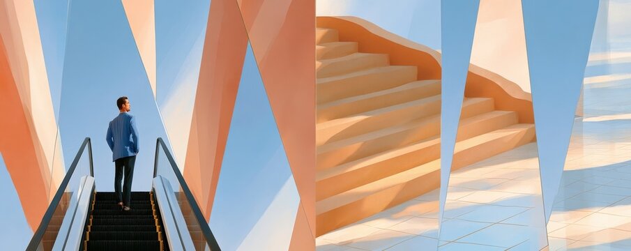 Man on escalator reflected in fractured mirror panels beside abstract stairs in modern surreal architecture