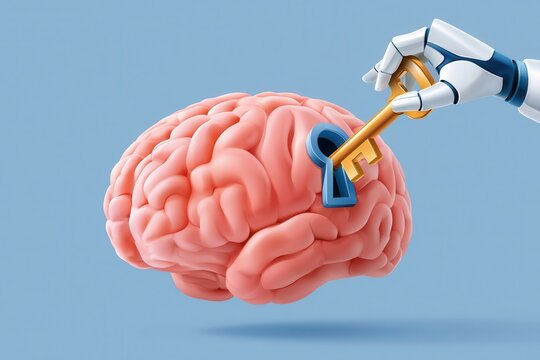 Robot hand unlocking human brain with golden key concept for AI, cognition and innovation