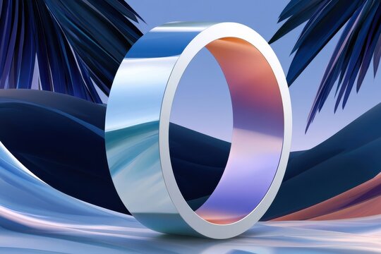 Stylized 3D metallic ring in a calm abstract landscape with gradient reflections and tropical leaves