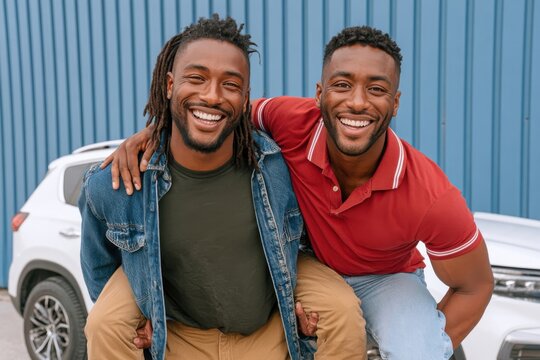 Two smiling young friends laughing together outdoors beside a car in casual summer clothing