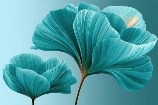 Stylized teal translucent flowers with flowing petals on soft gradient background