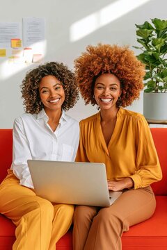 Two smiling women coworkers working together on a laptop in a bright modern office setting