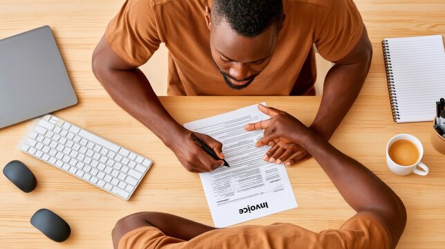 Man signing an invoice at a tidy wooden desk in a modern home office setting