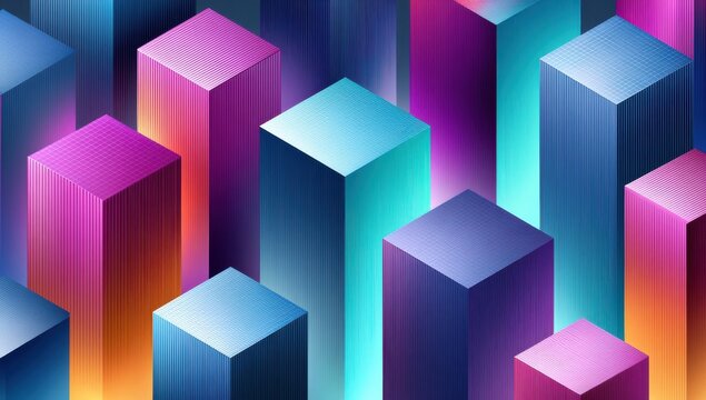 Isometric abstract city of colorful skyscraper blocks with neon gradients and futuristic geometric pattern