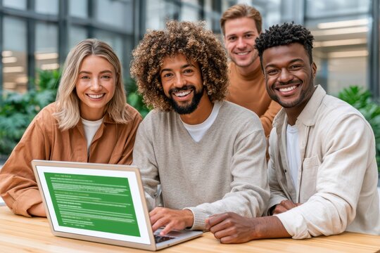 Diverse startup team gathered around laptop smiling and collaborating on AI project in modern office