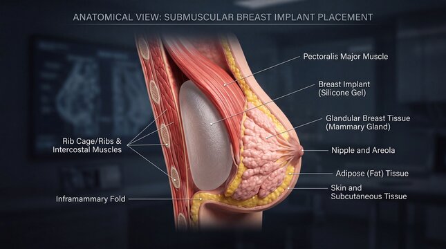 Submuscular breast implant placement anatomical view showing pectoralis major muscle silicone gel implant glandular tissue nipple areola adipose tissue rib cage and skin layers