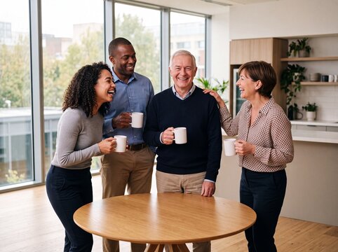 Vier fr&ouml;hliche Kollegen verschiedener Generationen stehen l&auml;chelnd mit Kaffeetassen um einen runden Tisch im hellen B&uuml;ro