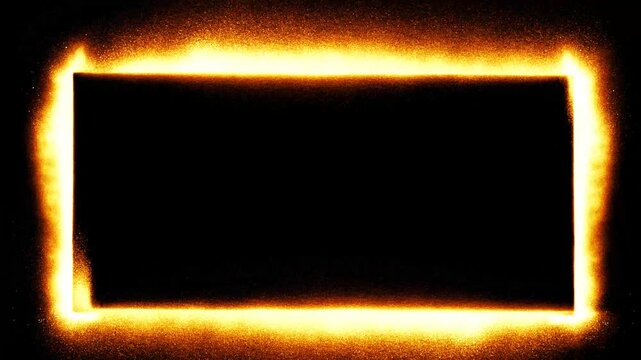 4K fiery glowing frame banner background stop motion. Animated burning grunge texture overlay and abstract textured video effect.