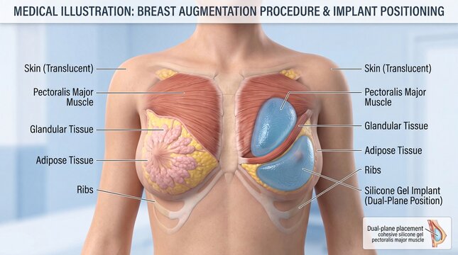 Breast augmentation medical illustration showing skin, pectoralis major muscle, glandular tissue, adipose tissue, ribs, and silicone gel implant dual plane placement