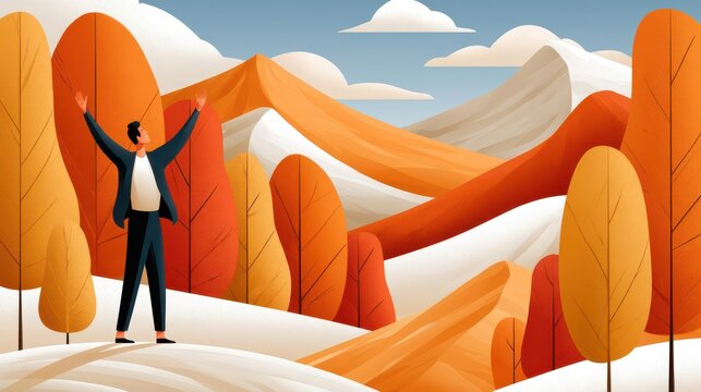 Person celebrating recruitment success in golden autumn landscape with mountains and stylized trees