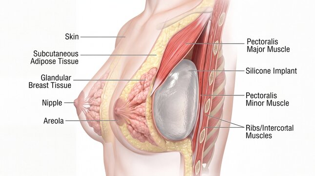 Cross section medical illustration showing female chest anatomy with silicone implant skin adipose tissue glandular tissue nipple areola pectoralis muscles and ribs labeled